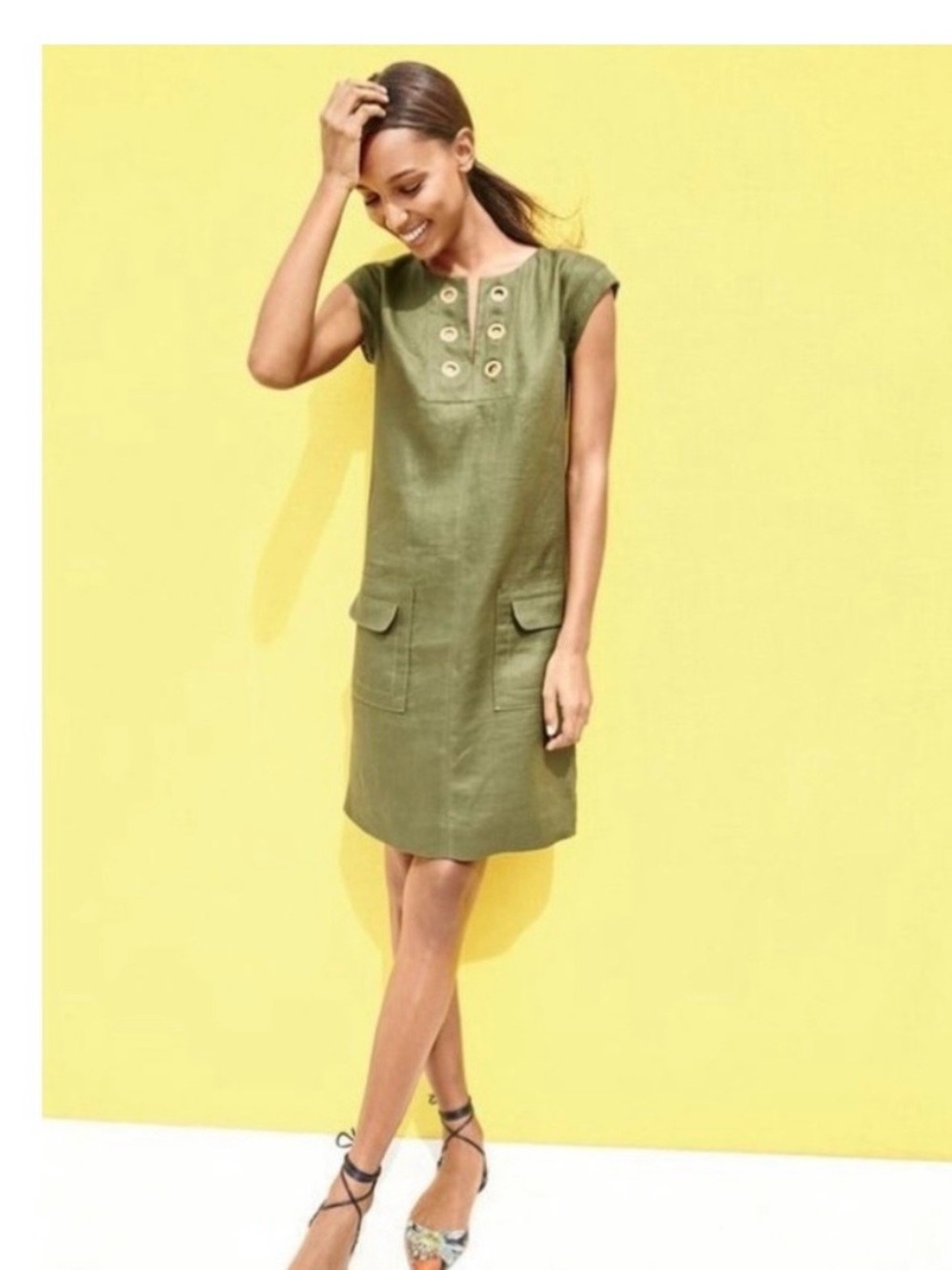 J. Crew Linen Olive Shift Dress with Grommet Detail